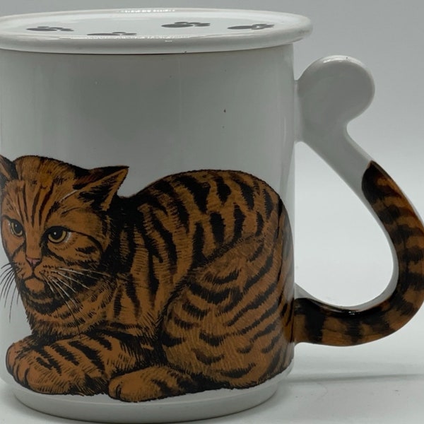 Vintage Action Japan Gold Tiger Striped Cat Kitten Coffee Mug Cup With Coaster Lid