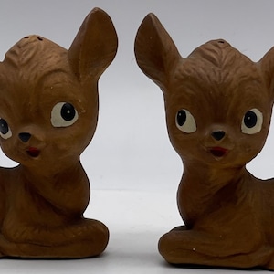 Vintage Anthropomorphic Deer Fawn Large Salt And Pepper Shakers Bisque Kitschy