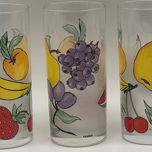 Vintage French Glass Juice Pitcher 6 Glasses, Colourful Fruit With