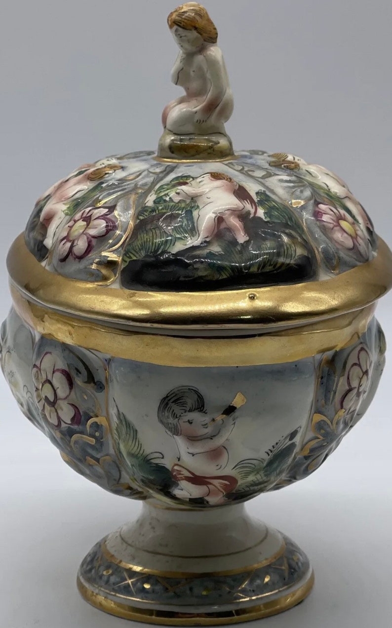 Vintage Italy Capodimonte Candy Compote Dish With Lid Cupid Finial Etsy