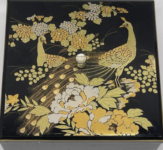 Vintage Otagiri Japan Gold Peacock Black Lacquer … - image 1
