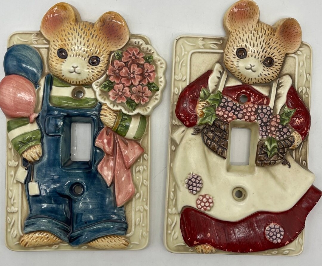 Vintage Takahashi Ceramic Light Switch Covers Anthropomorphic Mice