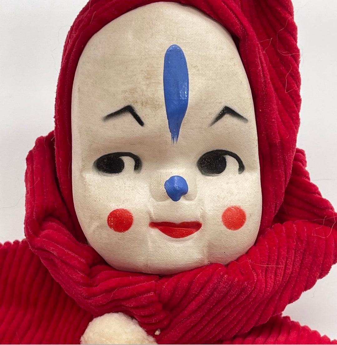 Vintage Clown Jester Joker Hand Puppet Plastic Face Corduroy Cloth