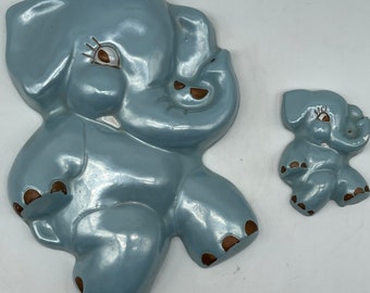 Vintage Kitschy Chalkware Elephant Blue Luster Plaques Mother & Baby Nursery