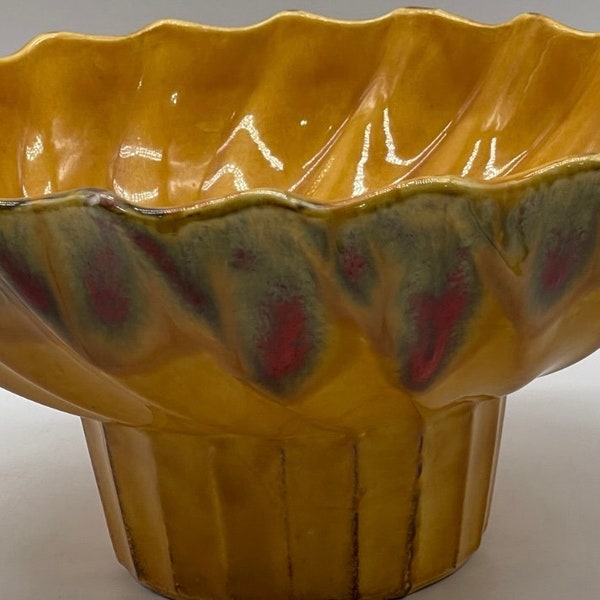 Vintage USA Pottery Centerpiece Bowl Gold Green Red Drip Glaze 1369 MCM