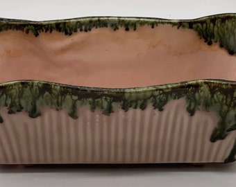 Vintage MCM Pottery Pink With Green Drip Glaze Planter Ribbed Siding