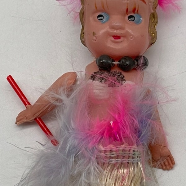 Vintage Japan Celluloid Flapper Doll Carnival Prize Pink Feathers 5”