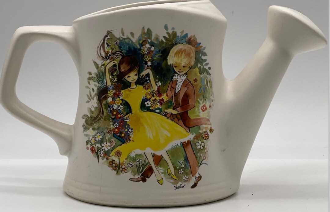 Vintage Mccoy Pottery Watering Can Boy and Girl Swinging USA White