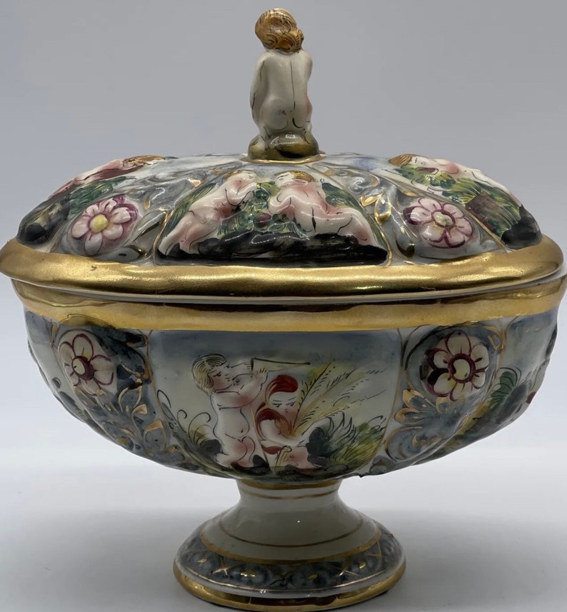 Vintage Italy Capodimonte Candy Compote Dish With Lid Cupid Finial Etsy