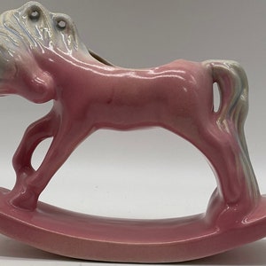 Vintage Pink & Gray Rocking Horse Planter Kitschy Nursery Decor