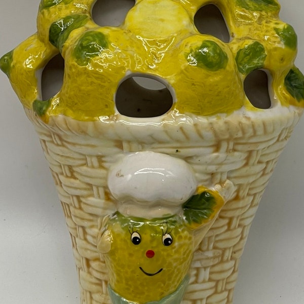 Vintage Anthropomorphic Lemon Fruit Wall Pocket Kitschy Flower Vase Chalkware