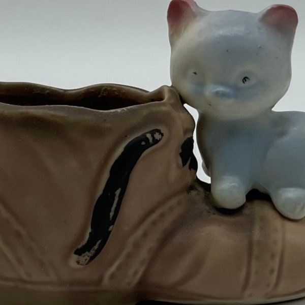 Vintage Japan Blue Cat Kitten On Boot Mini Planter Toothpick Holder Figurine