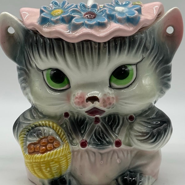 Vintage Royal Sealy Miss Kitty Gray Cat Biscuit Jar Anthropomorphic Kitschy