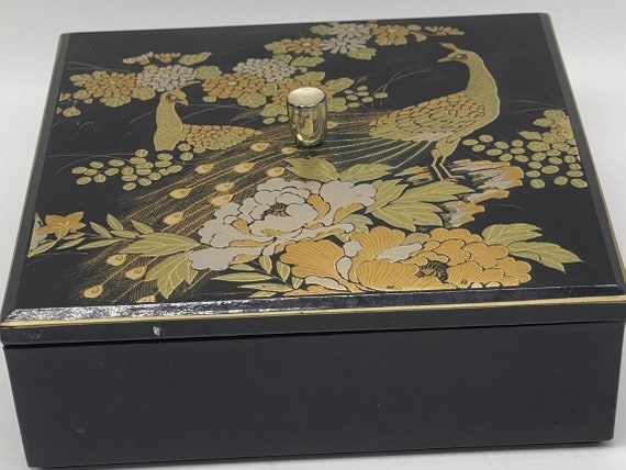 Vintage Otagiri Japan Gold Peacock Black Lacquer … - image 4