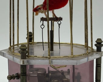 Vintage Japan Sankyo Automaton Bird in Cage Music Box - Missing Wind Up Key