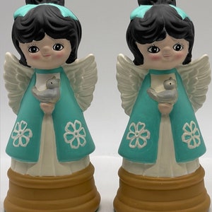 Vintage Hand Painted Angel Bookends Chalkware Figurines Holding Birds Kitschy Cute