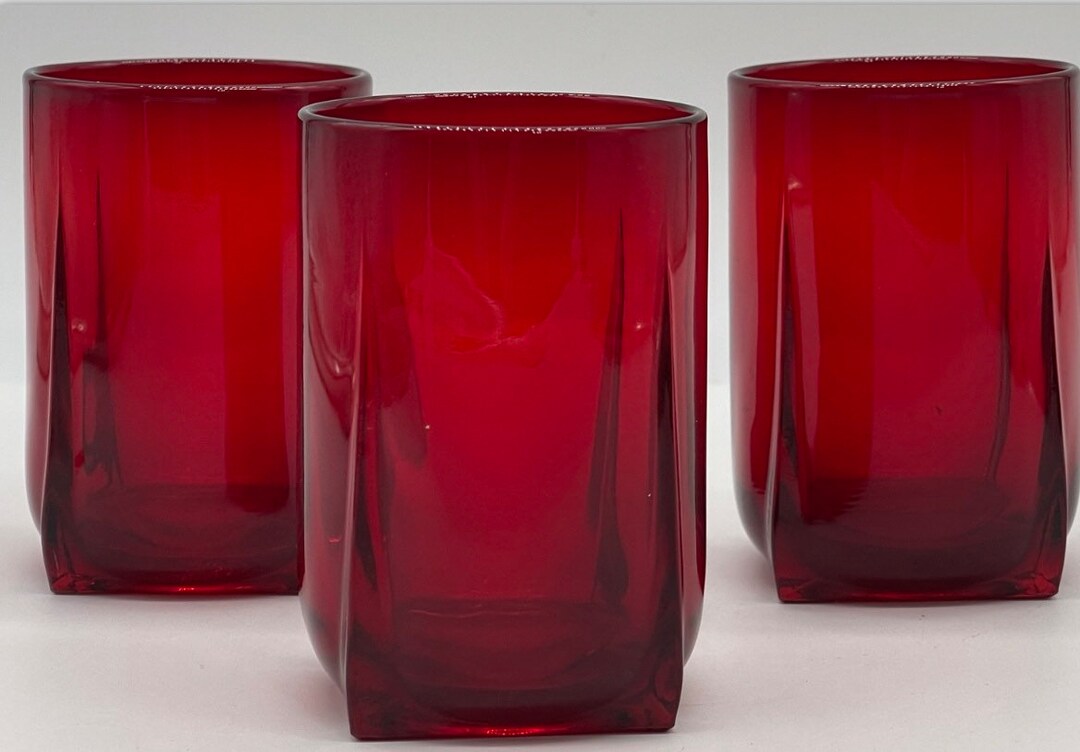 Vintage Ruby Red Juice Glasses Set of 3 Square Base. Etsy