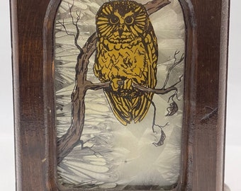 Vintage Owl On Glass Wooden Lantern Box Candle Holder MCM