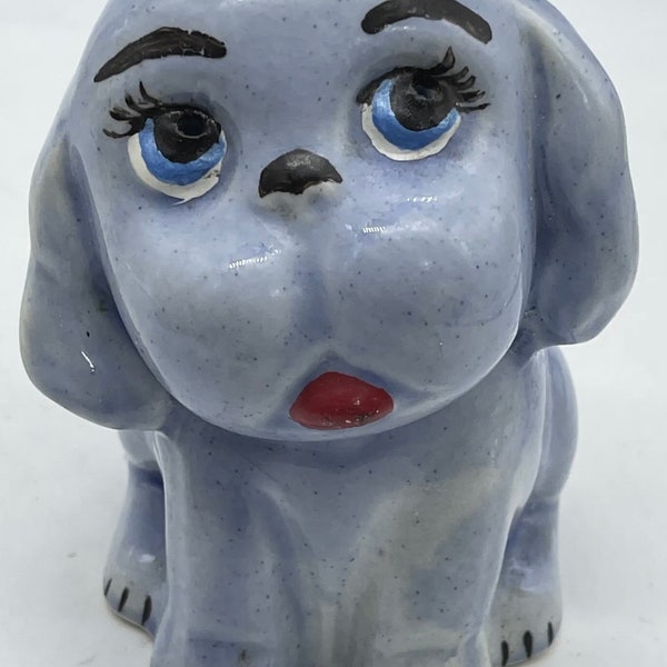 Vintage Blue Dog Puppy Ceramic Figurine Big Eyes Anthropomorphic