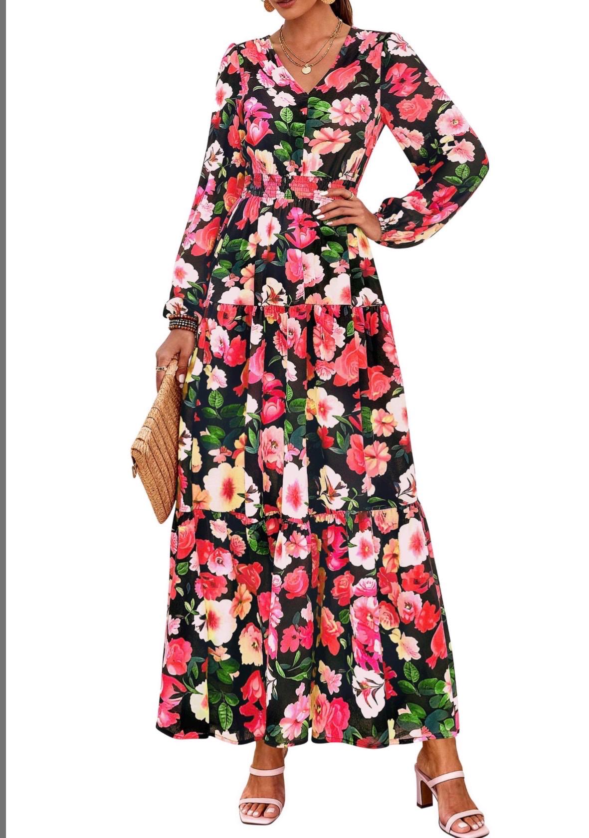 chinese dress ladies Floral Frill Trim Flounce Sleeve Plunge Maxi Dress – Charming Charlie main image 1