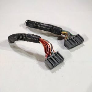 May include: Two black wire harnesses with multiple colored wires and gray connectors. The wires are bundled and encased in a black, corrugated plastic tubing. The connectors have multiple pins for secure connections.
