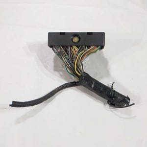 May include: A black electrical connector with a multitude of multi-colored wires extending from it. The wires are bundled and wrapped in black tape. A smaller, separate black wire bundle extends from the main bundle.