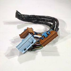 May include: An electrical wiring harness with multiple connectors. The harness has a black, wrapped cable that splits into several wires. There are three connectors: two brown and one light blue, each with multiple pins. Various coloured wires extend from the connectors.