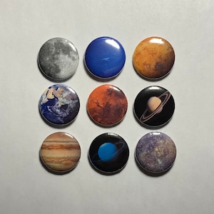 Planets + the Moon Pin Set! | 9 Piece 1 inch Button Pin Set | Comes with Freebies!
