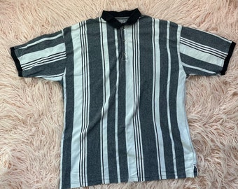 Men’s Vintage 2XL Gray & White Striped Polo Shirt