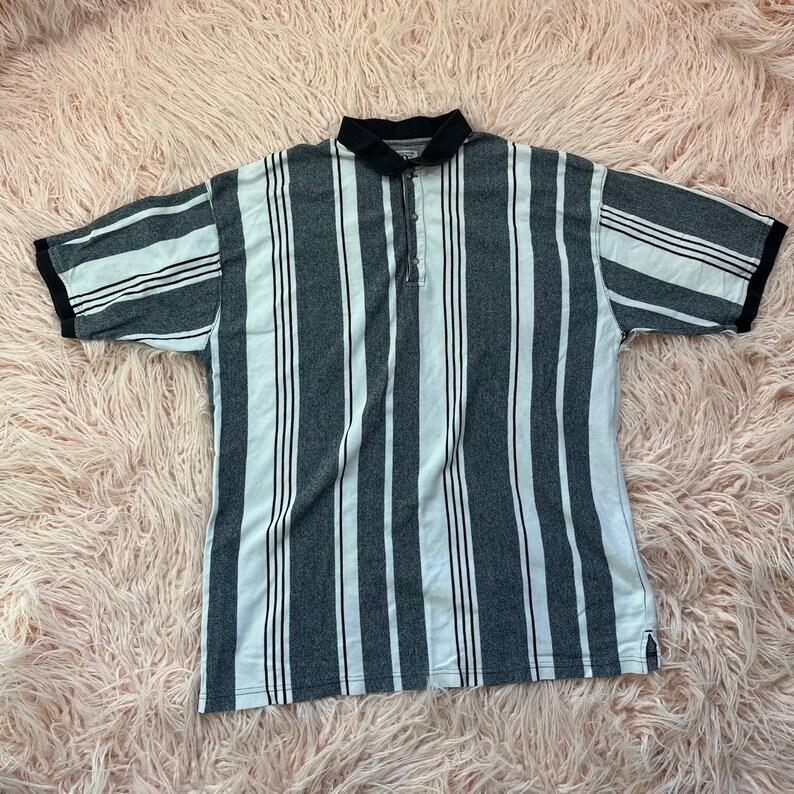 Mens Vintage 2XL Gray & White Striped Polo Shirt image 1
