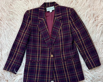 Blazer 6 Petite vintage à carreaux bordeaux pour femmes