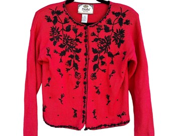 Cardigan piccolo vintage rosso e nero da donna con spalline