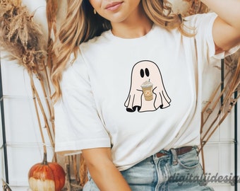 Söt spöke som dricker kaffe png, spöke iskaffe png, Halloween-spöke png, iskaffe-spöke png