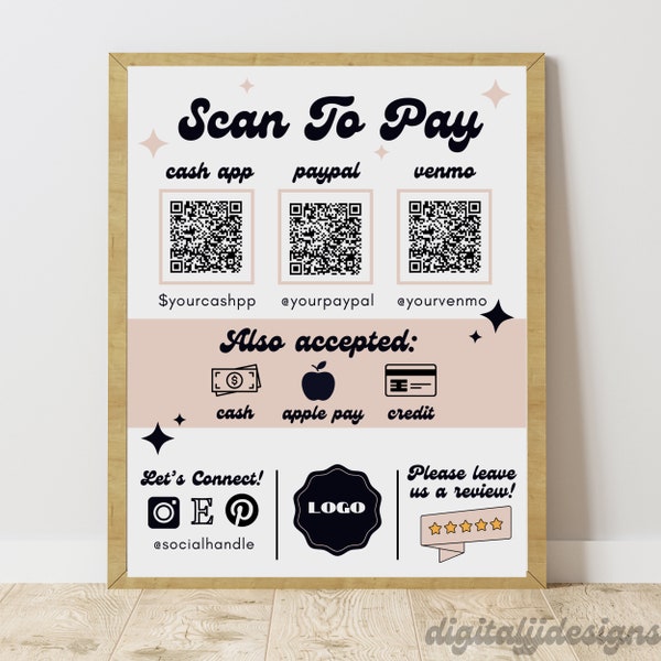 Editable Scan to Pay Sign, Accepted Payments Sign, Scan to Pay Sign Template, QR Code Payment Sign, Retro Scan to Pay Sign, Printable Sign