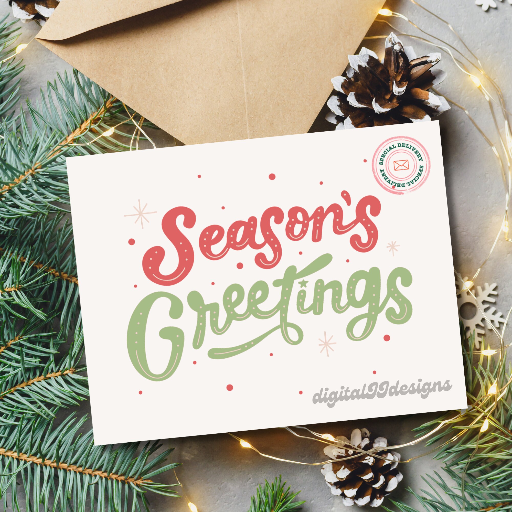 Seasons Greetings Thank You Card, Retro Christmas Thank You Cards