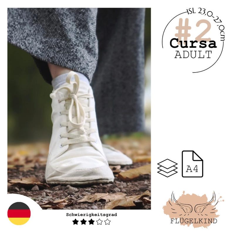 May include: A white canvas high-top shoe with matching laces and a reinforced toe cap. The image includes text reading #2 Cursa ADULT, a size range of 23.0-27.0cm, an A4 paper icon, and the brand name FL&Uuml;GELKIND with a wing graphic and German flag.