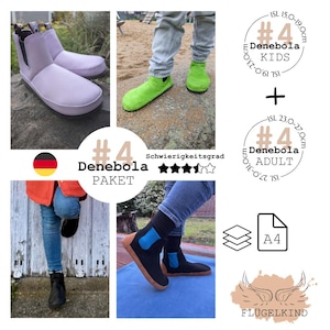 Könnte beinhalten: Eine Kollektion von Denebola-Stiefeln in verschiedenen Farben, darunter Helllila, Hellgrün und Schwarz mit blauen Elastikeinsätzen. Das Set enthält Schnittmuster für Kinder von 15,0-23,0 cm und Erwachsene von 23,0-31,0 cm, bereitgestellt als A4-Dokumente.