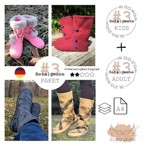 May include: A sewing pattern package titled #3 Betelgeuse featuring instructions for boots in kids and adult sizes. The image displays four boot variations: pink with gray faux fur, solid red, black, and tan plaid. Includes A4 paper icons.