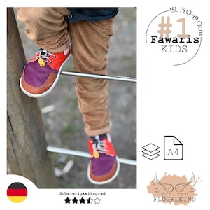May include: A pair of multi-colored children's shoes featuring purple toe caps, red side panels, and brown trim with yellow toggle laces. The text #1 Fawaris KIDS ISL 15.0-19.0cm is visible along with an A4 paper icon and a difficulty rating of three stars.