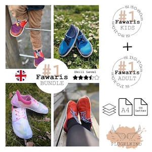 May include: A digital sewing pattern bundle for Fawaris kids and adult shoes, featuring multiple colorways including red, purple, blue, and white floral prints. The image displays various finished footwear styles, size ranges from 15.0-31.0cm, and A4/US Letter icons.