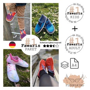 May include: A collection of low-top sneakers in various colors including blue, red, and pink with floral patterns. The image includes text labels for Fawaris Kids and Adult sizes ranging from 15.0 to 31.0 cm, an A4 paper icon, and the brand name Flügelkind.