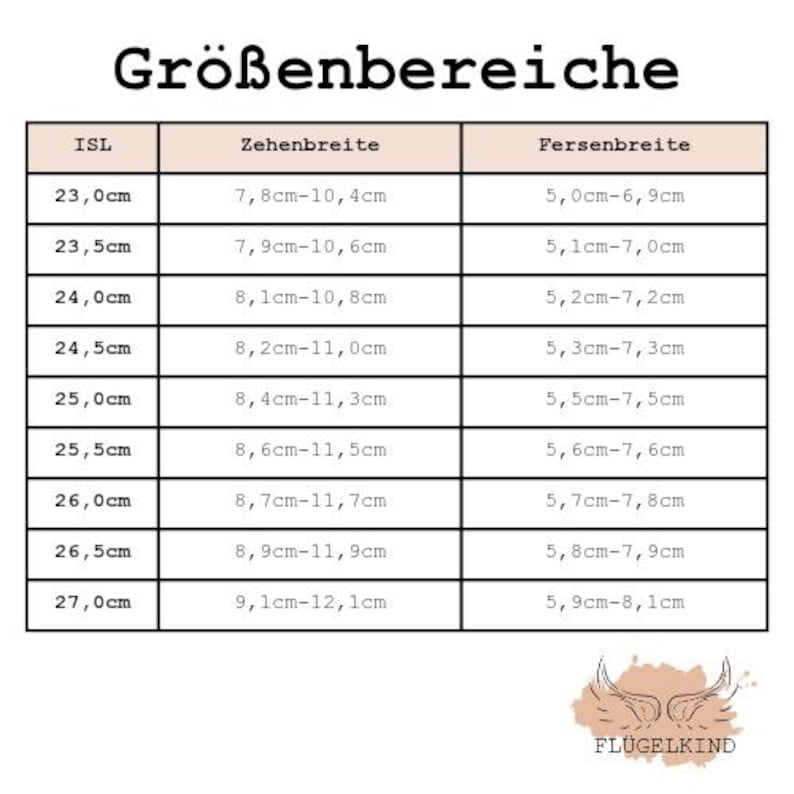 May include: A size chart table titled Gr&ouml;&szlig;enbereiche with columns for ISL, Zehenbreite, and Fersenbreite. The table lists measurements in centimeters ranging from 23.0cm to 27.0cm, with corresponding toe and heel width ranges. A logo with wings and the text FL&Uuml;GELKIND is at the bottom right.
