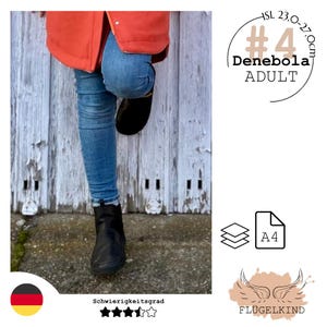 May include: A pair of black ankle boots worn with blue jeans and an orange jacket. The image includes text reading #4 Denebola ADULT, A4, and FLÜGELKIND, with a size range of 23.0-27.0cm indicated. The design features a four-star difficulty rating.