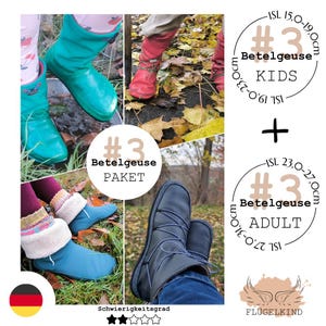 Puede incluir: Un collage de imágenes que muestra varios estilos de botas impermeables. Las botas son en tonos de verde azulado, rojo y azul. El texto en la imagen incluye "#3 Betelgeuse" y rangos de tallas para niños y adultos, con medidas en centímetros.