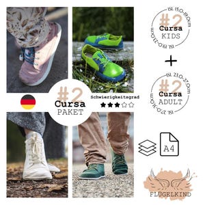 May include: A Cursa Paket sewing pattern for shoes, featuring kids' sizes 15.0-19.0cm and 23.0-27.0cm, and adult sizes 23.0-27.0cm and 27.0-31.0cm. The image displays various finished shoes in pink, green, and white, with A4 paper icons.
