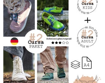 May include: A Cursa Paket sewing pattern for shoes, featuring kids' sizes 15.0-19.0cm and 23.0-27.0cm, and adult sizes 23.0-27.0cm and 27.0-31.0cm. The image displays various finished shoes in pink, green, and white, with A4 paper icons.