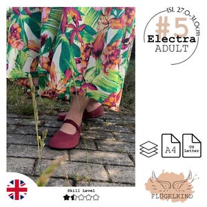 May include: A pair of dark pink Mary Jane shoes with a single strap across the instep, worn with a long skirt featuring a vibrant tropical floral print in shades of green, yellow, and pink. Text on the image includes #5 Electra ADULT ISL 27.0-31.0cm.