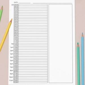 May include: A blank daily planner with a column for time and a larger column for notes. The time column lists times from 00:00 AM to 23:30 PM in 30-minute increments.