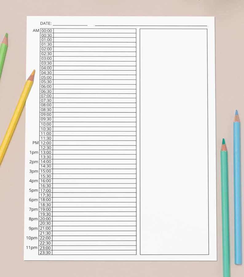 Printable 24 Hour Time Sheet - 30 Minute Increments With Notes Section ...