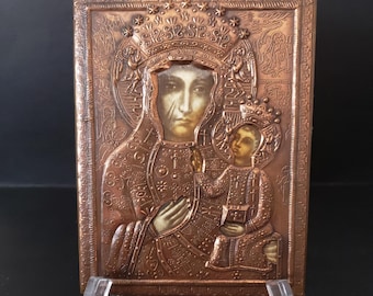 Schwarze Madonna Icon Punzierte Kupfer Geprägte Wandtafel Maria mit dem Jesuskind